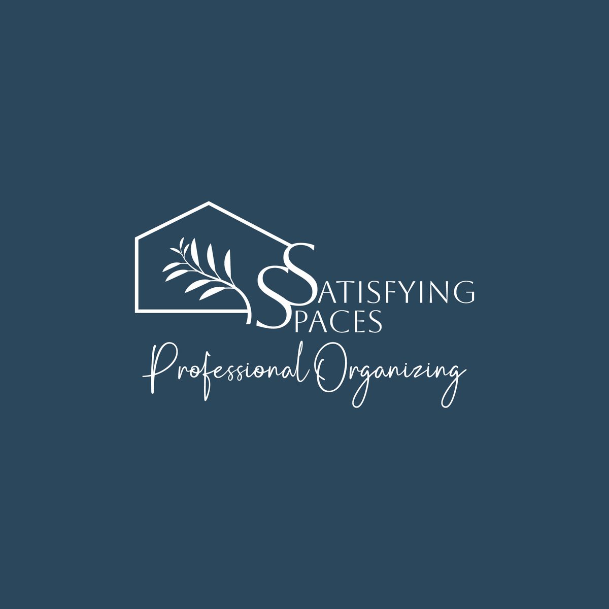 Satisfying Spaces logo, a house outline with an olive branch