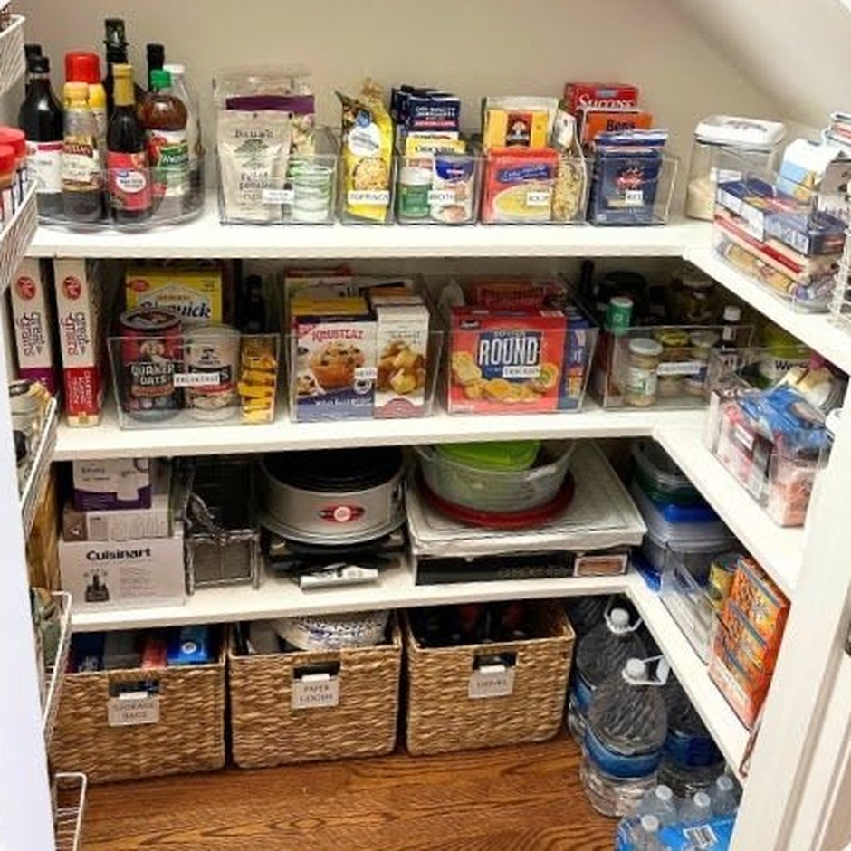 The same pantry after: clear labeled bins, baskets and open shelves