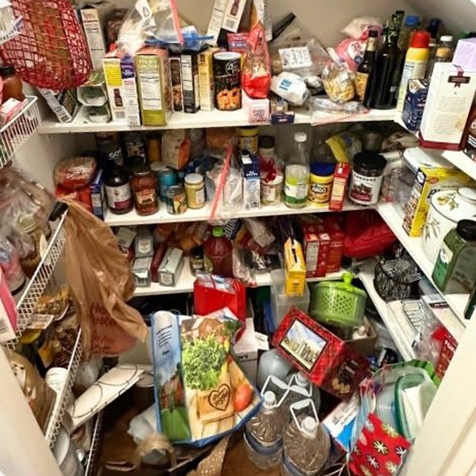 Pantry before: shelves piled with loose bags, boxes and bottles